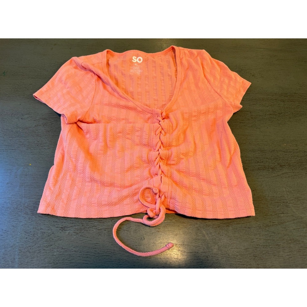 SO Coral Pink Ribbed Cinched Front V-Neck Crop Top XL Short Sleeve